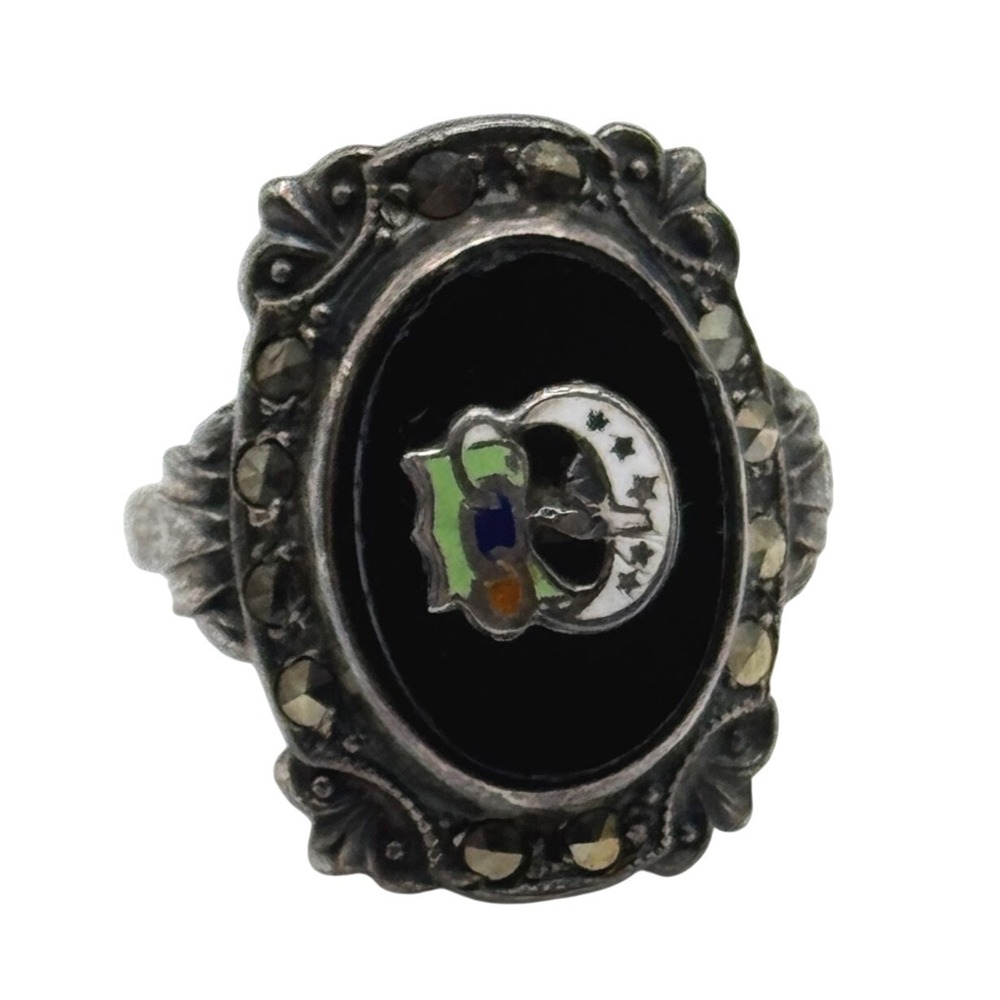 Vintage Uncas Rebekahsโ Odd Fellows Sterling Silver Marcasite Ring Size 4.5 READ